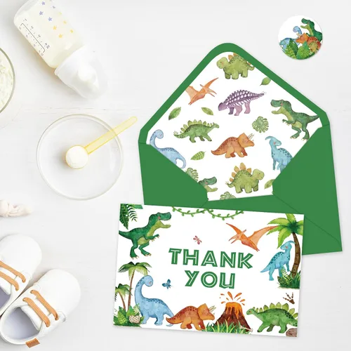 Miniatura 4 de Whaline Paquete de 24 tarjetas de agradecimiento de dinosaurio, tarjetas de felicitación jurásicas verdes con sobres, tarjetas de notas en blanco