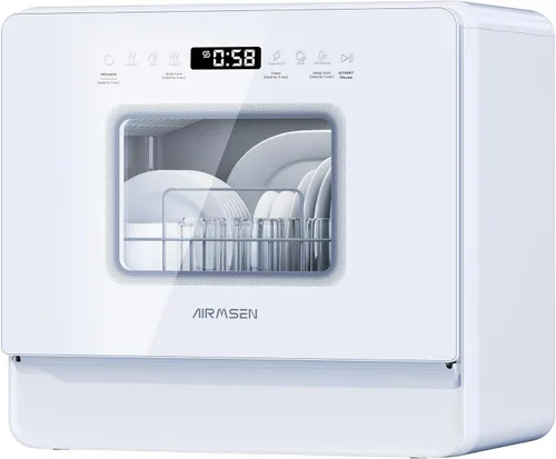 AIRMSEN Lavavajillas grande y delgado para encimera con estante completo de 2 niveles, lavavajillas portátiles con tanque de agua integrado de 5 L,