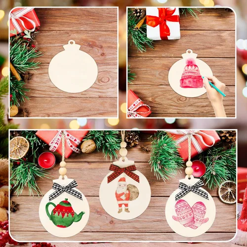 Miniatura 3 de OurWarm 50 adornos de Navidad de madera para manualidades, adornos de madera redondos sin terminar de 4 pulgadas con lazos y cuentas a cuadros