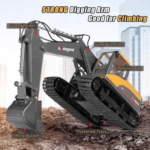 Miniatura 3 de Kolegend excavadora de juguete con control remoto 3 en 1, excavadora RC de escala 1/14, 15 canales, vehículos de construcción de función completa