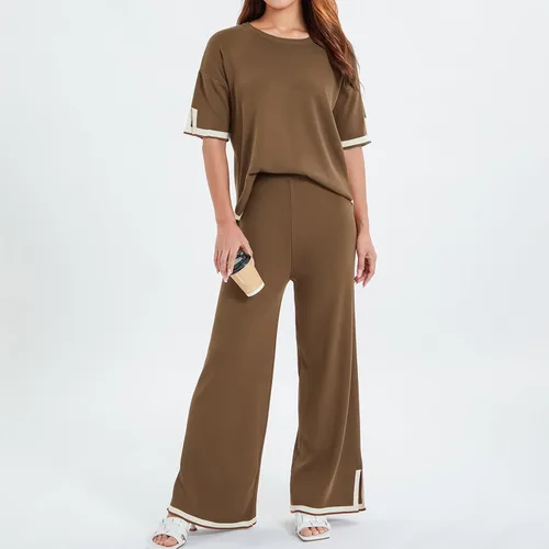 Miniatura 4 de Conjunto casual de 2 piezas para mujer, pantalones de pierna ancha y suéter de punto para verano y otoño