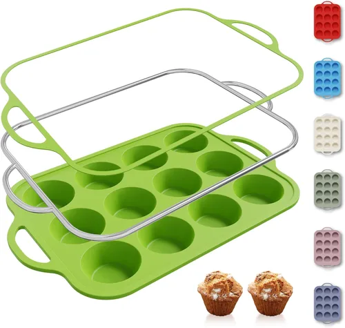 Miniatura 42 de 2 paquetes de 12 tazas de molde para magdalenas de silicona para hornear con marco reforzado de metal, molde para cupcakes de tamaño regular, Crema