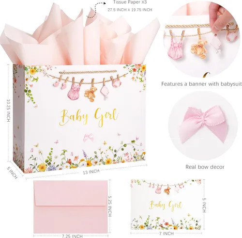 Miniatura 2 de Crisky Bolsa de regalo grande de 13 pulgadas para baby shower con papel de seda, tarjeta de regalo y lazo para decoraciones de baby shower, regalos