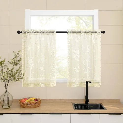 Miniatura 32 de SEEKRIGHT - 2 paneles de cortinas traslúcidas de encaje negro, cortinas góticas florales, cortinas victorianas con bolsillo para cortinero