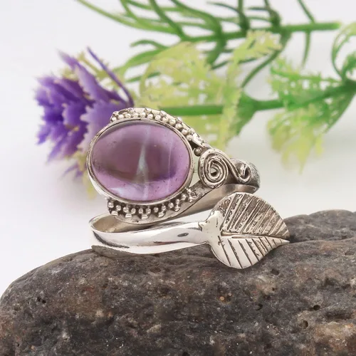 Miniatura 3 de Anillo de plata de ley 925 con piedra de amatista ajustable, Plata, Amatista