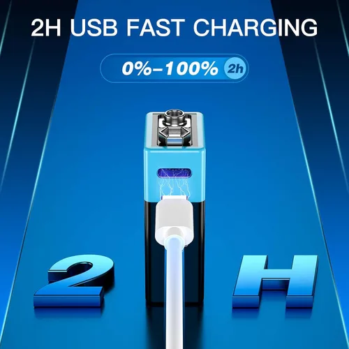 Miniatura 3 de Kratax Baterías de litio recargables USB de 9 V, paquete de 2 baterías recargables de iones de litio de 760 mAh de 9 voltios con cable de carga