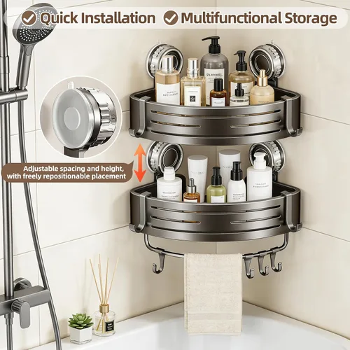 Miniatura 3 de Organizador de ducha de esquina, estante de pared de baño con ventosa, organizador de aluminio sin taladrar con ganchos, estante flotante