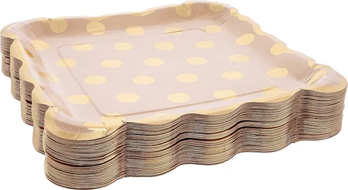Miniatura 5 de Juvale Platos de papel cuadrados festoneados elegantes platos de almuerzo – 9 pulgadas, lunares de lámina dorada, paquete de 48 – Fiesta desechable