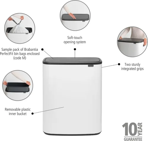 Miniatura 2 de Brabantia Bo Touch Top Cubo de Basura - 1 x Cubo de 16 Galones (Blanco) Cubo de Basura y Reciclaje de Cocina con Apertura/Cierre Suave