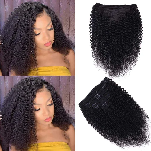 Miniatura 32 de Extensiones de cabello humano rizado con clip, 3C 4A, rizado con clip, cabeza completa, para mujeres negras, cabello humano brasileño Remy