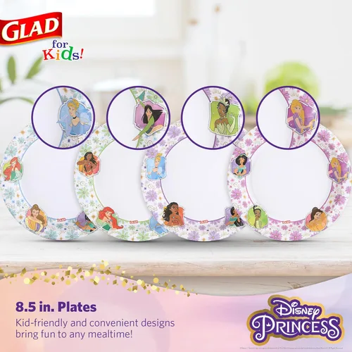 Miniatura 2 de Glad para Niños Platos de Papel Desechables de Princesas Disney, Marcos Florales - Resistente, A Prueba de Absorción, Apto para Microondas, Platos