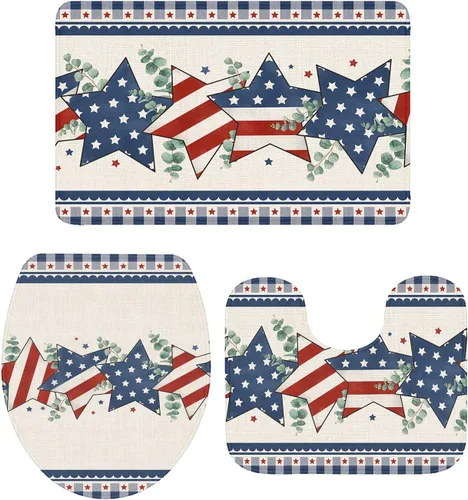 Miniatura 9 de Savannan Juego de 3 tapetes de baño, diseño patriótico de la bandera estadounidense, pentagrama, libertad, país, absorbente, suave, antideslizante