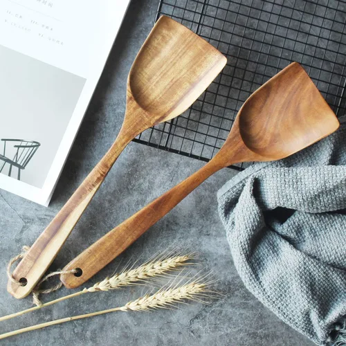 Miniatura 9 de FJNATINH Espátula grande de madera para wok, 13 pulgadas de teca natural de mango largo recubierto de resina natural, hecha a mano para utensilios