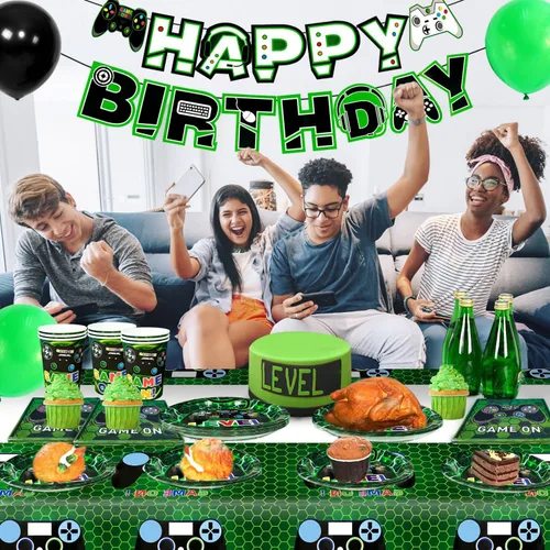 Miniatura 6 de Vajilla de fiesta de cumpleaños para 16 invitados, platos de videojuegos y servilletas, suministros para fiestas, incluye platos de fiesta