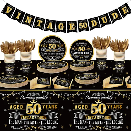 Juego de vajilla vintage de 183 piezas para fiesta de 50 años, color negro y dorado, mantel de feliz cumpleaños de 50 años, platos de cena para 24