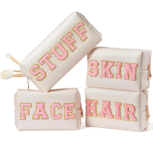 Y1tvei 4 piezas Bolsa de maquillaje con parche preppy, letras universitarias bordadas con rosa, para el cuidado de la piel, cabello y rostro, bolsa