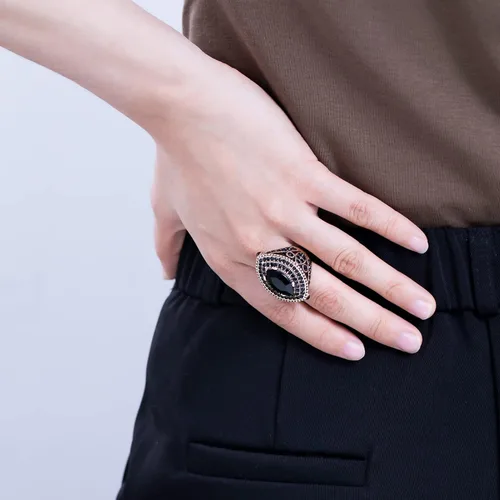 Miniatura 5 de Anillo de mujer - 1.260 in de gran tamaño chapado en oro antiguo estilo turco negro piedra preciosa anillo vintage joyería de las mujeres J0769BLK