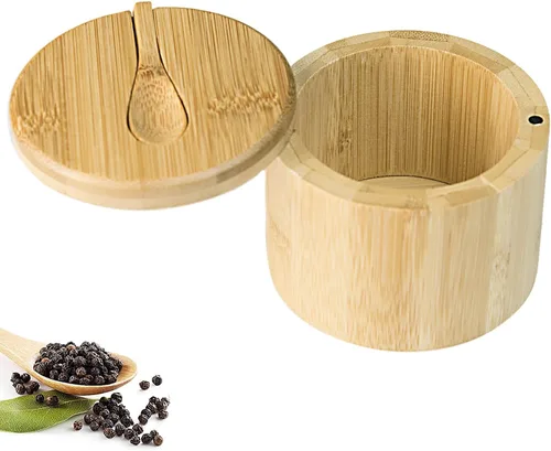Miniatura 6 de Caja de bambú para sal y pimienta con tapas, bodega de sal dividida con tapa giratoria y mini cuchara, contenedores de almacenamiento de condimentos