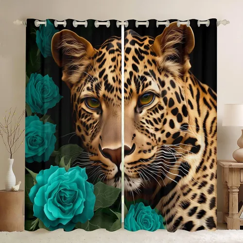 Miniatura 35 de Erosebridal Cortinas de Rosas Rojas 3D Tratamientos para Ventanas de Guepardo, Paneles de Cortinas con Estampado de Gato Leopardo para Sala