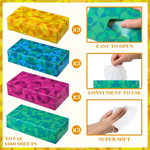 Miniatura 4 de Yinder 12 paquetes de 1560 hojas de pañuelos faciales suaves, caja de 2 capas, 130 hojas por caja, pañuelos faciales para el hogar, ajuste a granel