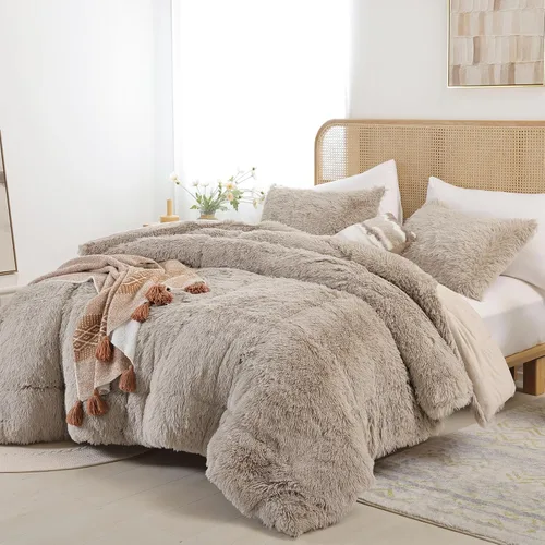 Miniatura 17 de Smoofy Juego de edredón esponjoso de tamaño Full, juego de edredón rosa de piel sintética, juego de ropa de cama mullido de lujo, juego de ropa