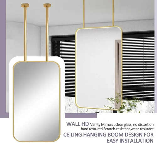 Miniatura 3 de Espejos de baño, espejo de barra colgante para montaje en techo, marco de metal dorado, espejo decorativo de pared para el hogar o hotel, vestidores