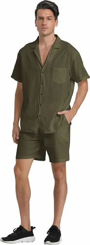 Miniatura 5 de RPOVIG Conjunto corto de camisa de lino conjunto casual de 2 piezas con botones para hombre