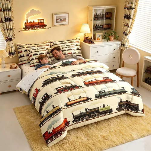 Miniatura 7 de Feelyou Juego de edredón de tren vintage de 7 piezas, diseño retro de motor de vapor para niños y niñas, juego de ropa de cama retro de tren