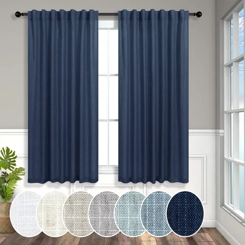 Miniatura 63 de Cortinas de lino azul de 84 pulgadas de largo para sala de estar; juego de 2 paneles con lengüeta trasera; cortinas con dobladillo para barra; Azul