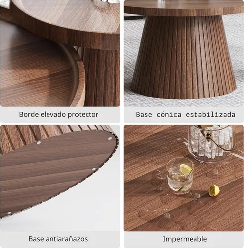 Miniatura 5 de win2win Juego de 2 mesas auxiliares anidadas, mesa de centro moderna de mediados de siglo con chapa de grano de madera, mesa de té redonda acanalada
