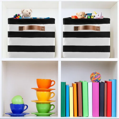 Miniatura 7 de Bolaz Cesta de almacenamiento plegable grande, color negro y blanco, a rayas, bolsa organizadora plegable con asas, 15 x 11 x 9.5 pulgadas