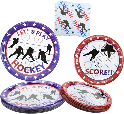 Decoraciones de fiesta de hockey – Suministros para fiestas temáticas de hockey sobre hielo, incluyendo platos llanos de 9 pulgadas, platos de