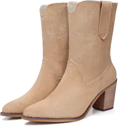 Miniatura 2 de SHIBEVER Botas vaqueras para mujer, de pantorrilla ancha, con bordado occidental, botas vaqueras con puntera puntiaguda