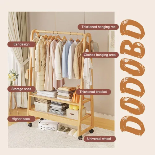 Miniatura 3 de Bamboo Clothing Rack with Hanging Rails,Sturdy Garment Rack with 2-Tier Shoe Rack,Portable Clothes Rack with Hook and Storage Shelf,for