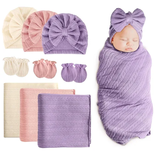 Miniatura 12 de DRESHOW BQUBO Manta para Recién Nacido con Sombrero de Moño y Guantes de Algodón, Manta de Envoltorio para Bebé Cálido, Saco de Dormir para Bebé