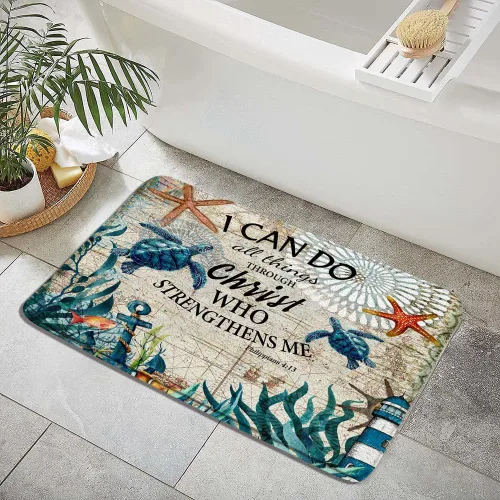 Miniatura 2 de Alfombra de baño de tortuga verde, divertida vida marina, cita inspiradora, mapa náutico vintage, verano, playa, océano, tema costero, arrecife