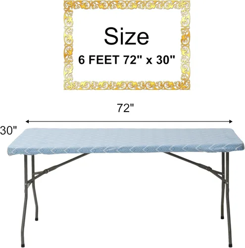 Miniatura 3 de Zhenrui Mantel rectangular elástico ajustable de 6 pies, cubierta de vinilo impermeable a prueba de derrames, diseño de ondas azules impresas