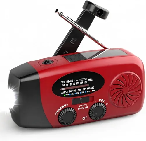 Miniatura 8 de Radio de emergencia meteorológica, radio de manivela solar portátil AM/FM/NOAA, cargador de teléfono celular con SOS, linterna LED de 1 W, conector
