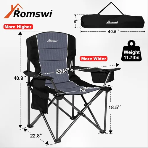 Miniatura 2 de Romswi Sillas de Camping de Gran Tamaño, Soporte Resistente de 227 KG, Sillas Deportivas con Respaldo y Brazos Acolchados, Soporte para Tazas y Negro