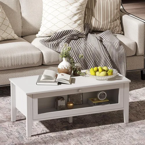 Bonzy Home Mesa de centro moderna blanca con almacenamiento de puerta de vidrio, mesa central rectangular de madera para sala de estar, 39.4 x 18.9