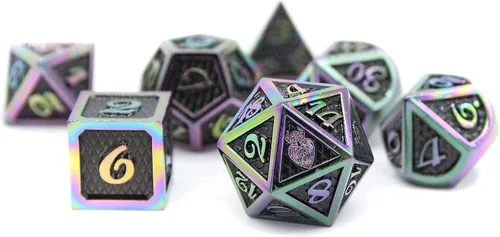 Miniatura 8 de HEIMDALLR Juego de dados DND de metal, 7 piezas, diseño de piel de dragón, tamaño de 0.630 in, logotipo en D20; juego de dados de metal y caja