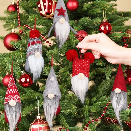 Miniatura 6 de D-FantiX Juego de 6 adornos de Navidad de gnomo, hechos a mano, gnomos suecos Tomte, adornos decorativos de felpa para colgar en el árbol
