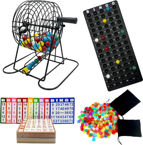 JUNWRROW Juego de Bingo De Lujo - Incluye Jaula de Bingo, 600 Fichas de Bingo Coloridas con una Bolsa, 100 Tarjetas de Bingo Mixtas, 75 Bolas
