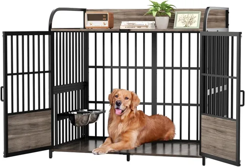 BEURUKU Mueble de jaula para perros XL de 41 pulgadas, perrera mediana para interiores con 2 cuencos ajustables, mesa de jaula para perros de madera