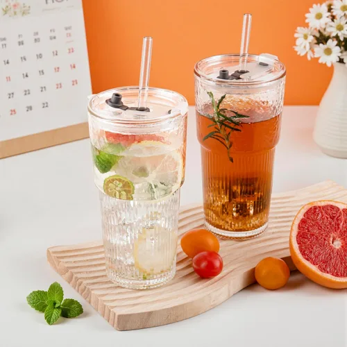 Miniatura 6 de Vasos de vidrio de 20 onzas con tapas y popotes: vaso de café helado con tapas, vasos gruesos reutilizables acanalados para llevar, vasos Matcha 2