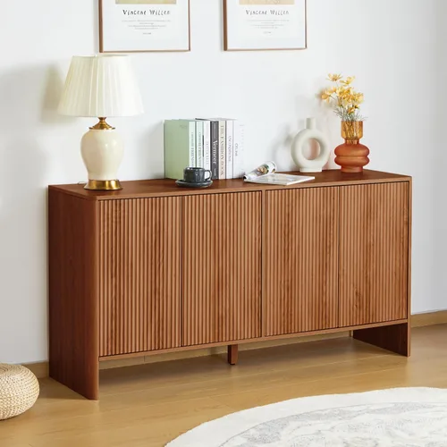 Miniatura 9 de Armario de almacenamiento estriado, aparador de buffet moderno con estantes ajustables, aparador independiente con puertas dobles, armario Nogal