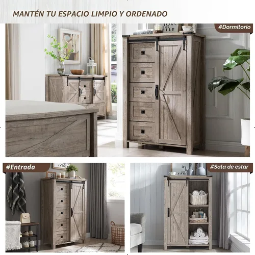 Miniatura 7 de T4TREAM Cómoda de 5 cajones para dormitorio con puerta de granero deslizante, cómoda moderna alta de estilo granja, 5 cajones, organizador de Roble