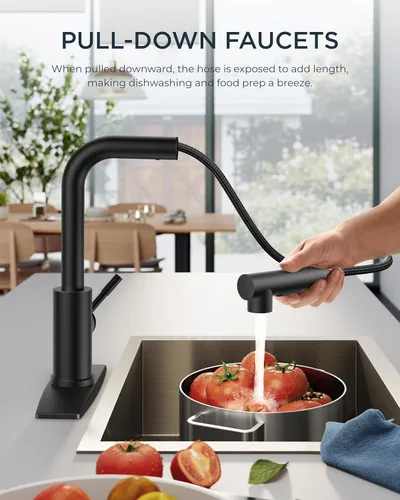 Miniatura 2 de FORIOUS Grifo de cocina negro con rociador desplegable, grifo clásico de acero inoxidable de una sola manija con salida extraíble para fregadero