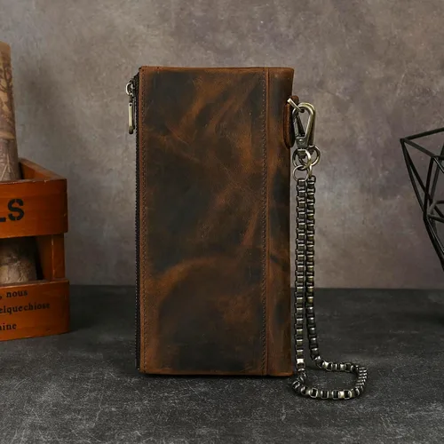 Miniatura 53 de Genuino Caballo Loco Cuero Regalo de Viaje Moneda Bolsillo Tarjetero Organizador Largo Cadena Rfid Cartera Monedero Con Broche Para Hombres Hombres