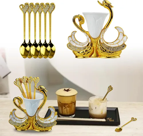 Miniatura 5 de Juego de cucharas con base de cisne dorado, cubiertos decorativos de cisne con 6 cucharas, cucharas de café, organizador para postres, helado